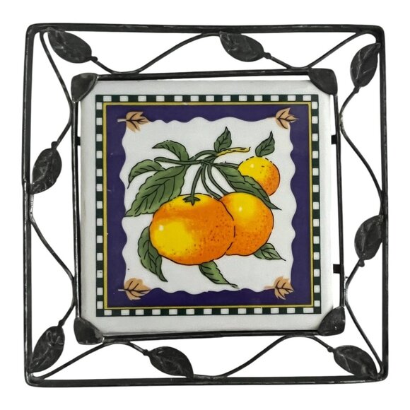 Vintage Ceramic Orange Tile Trivet with Metal Frame – 6 Inch – Made in Japan - Picture 1 of 3